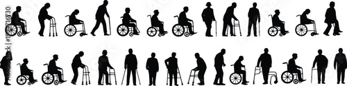 Set of disabled people and elderly character silhouettes including men and women with walking frames sticks and manual wheelchairs isolated.