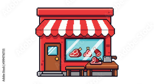 A charming pixel art butcher shop features a red facade, striped awning, and various cuts of meat displayed in the window and on an outdoor table.