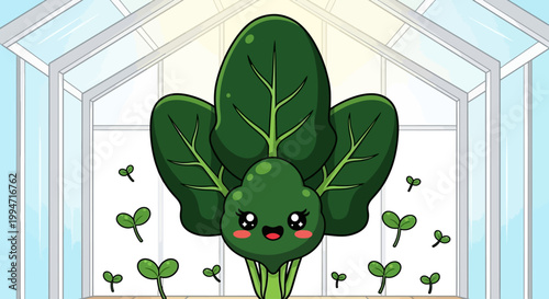 Happy spinach character in a bright greenhouse.