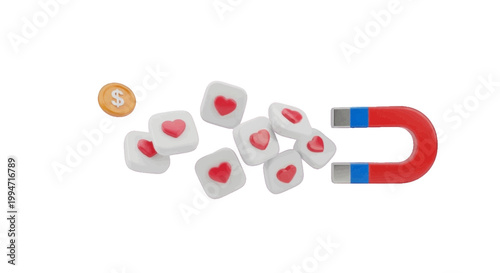 Vector illustration of magnet attracting social media heart icons and a dollar coin on a transparent background