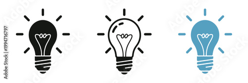 Three light bulb icons in black and blue on white background, business and creative concept flat vector design for innovation, ideas, and strategy