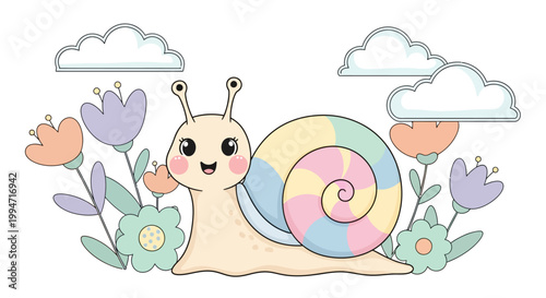 Cute snail character with colorful shell in a spring garden.