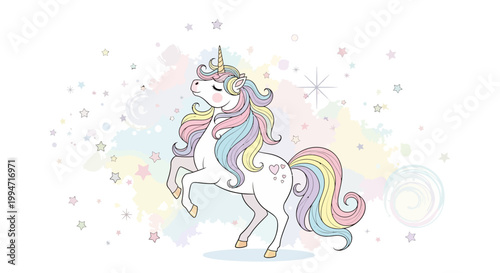 Cute cartoon unicorn with rainbow mane and tail, surrounded by stars.