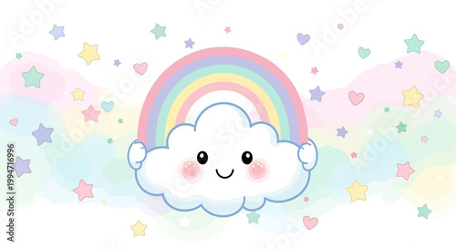 Cute Smiling Cloud with Pastel Rainbow and Stars