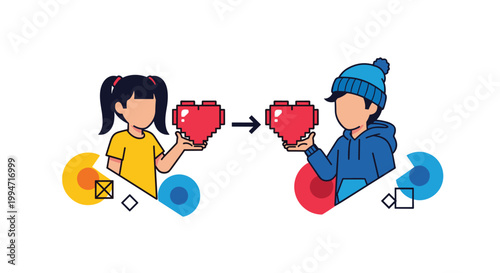 A young girl is shown giving a pixelated red heart to a boy in a beanie, illustrating a concept of sharing love or digital affection.
