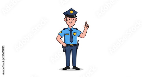 A friendly police officer character pointing a finger upwards.
