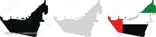 United Arab Emirates map. Country silhouette with solid, dashed and colored UAE flag map vector graphic. National shape and border indicator. Arabian Gulf location symbol. Middle East pictogram.
