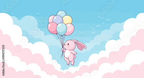 Cute pink bunny flying in the sky with colorful balloons.