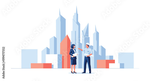 A male architect wearing a hard hat and a female executive discuss building plans while standing in front of a modern, stylized city skyline with tall skyscrapers.