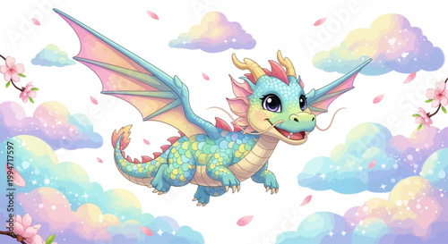 Cute dragon flying through pastel clouds with cherry blossoms.