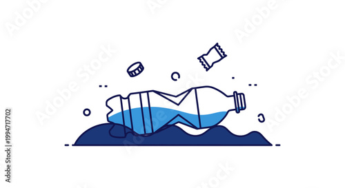 Crushed plastic bottle pollution in ocean waves