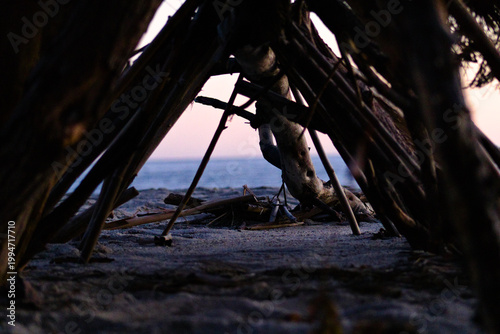 Driftwood shelter structure on sandy ocean shoreline