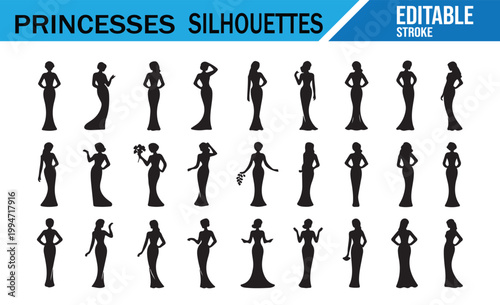Fantasy princess silhouette icon sheet with elegant women characters