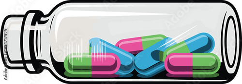 Glass bottle with colorful medicine pills inside isolated white background