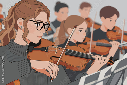 Violinists in Orchestra Performing Together