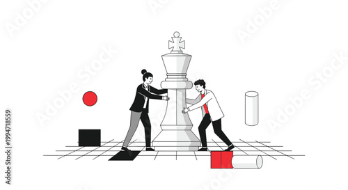 A businessman and businesswoman collaborate to move a giant, cracked white king chess piece across a checkered floor with abstract shapes floating around them.