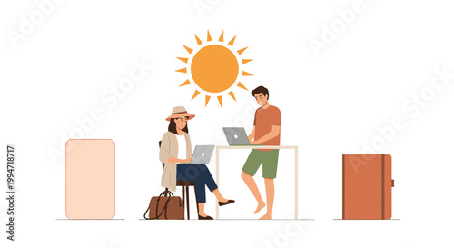 A man and a woman work on their laptops at a desk under a bright sun, with luggage nearby indicating a remote work holiday or digital nomad lifestyle.