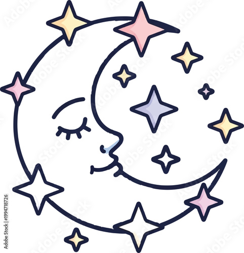 Smiling crescent moon face with stars, night sky icon, celestial vector, dreamy illustration