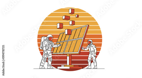 Two astronauts in spacesuits work together to assemble a large solar panel as cubes float away, set against a large striped sun background.