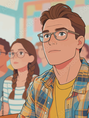 Students in Class with Plaid Shirts and Glasses