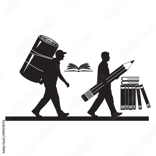 Two workers carrying large equipment on their shoulders