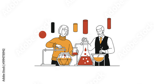 A male and female scientist in a laboratory collaborate on a chemical experiment, mixing colorful liquids in various glass beakers and flasks.