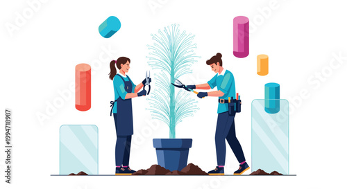 A man and woman in work uniforms carefully prune a glowing digital plant that is growing out of a pot, surrounded by abstract shapes.
