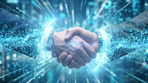 Close-up of two businessmen shaking hands as a glowing digital energy ring forms around them, symbolizing partnership, technology integration, trust, and innovative business collaboration.
