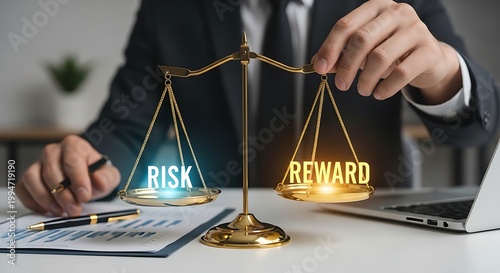 Man balances risk and reward on scales with glowing text