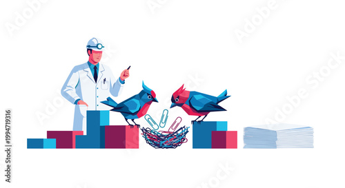 A scientist in a hard hat and lab coat observes two colorful, low-poly birds building a nest from paperclips on top of stacked blocks.