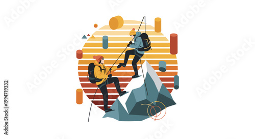 Two mountain climbers with backpacks and ropes help each other ascend a sharp peak, set against a stylized circular sunset with floating geometric shapes.