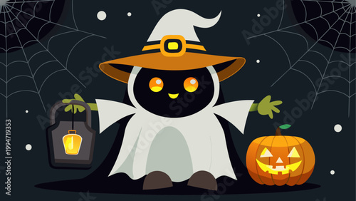 Halloween scarecrow with pumpkins and a crescent moon