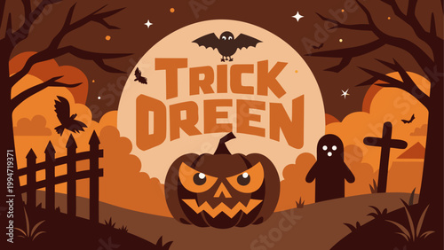 Trick or treat halloween pumpkin with spooky decorations