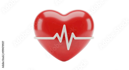 Vector illustration of 3d render of a glossy red heart with a white ekg heartbeat line on a transparent background