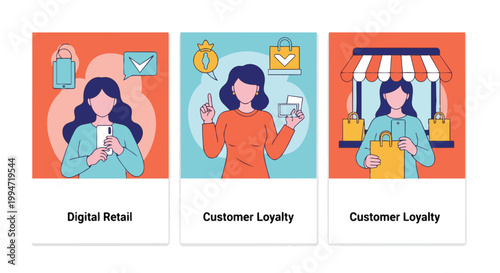 Flat design vector card set of women engaging in digital retail, e-commerce and customer loyalty scenarios, ideal for retail marketing, brand promotions and fintech content.