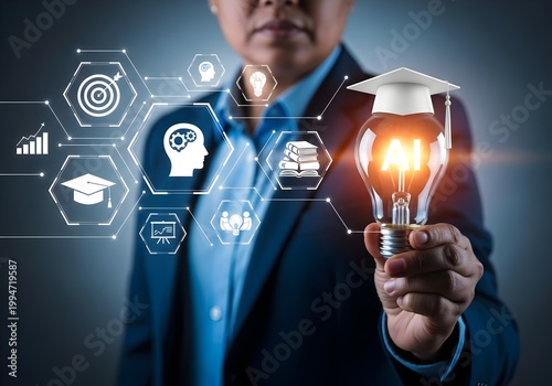 Businessman holding AI light bulb with graduation cap icon, representing artificial intelligence in education, smart learning systems,Education & Technology,  online courses, digital transformation