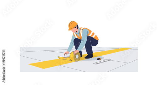 Worker applying safety tape on warehouse floor following procedures