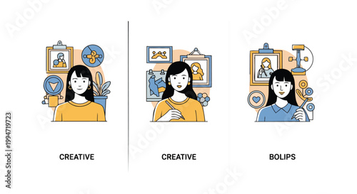 Flat line art vector set of three female creative professionals with art and design icons, ideal for agency branding, freelance portfolios and creative industry marketing.