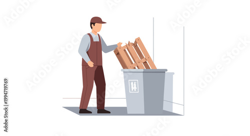 A worker in a warehouse follows safety procedures and disposes of wooden pallets.
