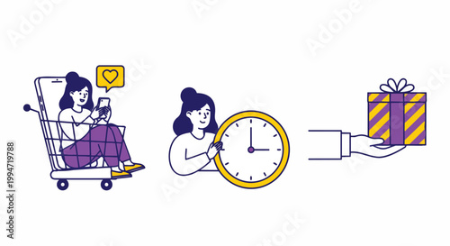Flat line vector set of a woman shopping in a cart, clock for timing, and gift handoff, modern illustration perfect for retail websites, e-commerce campaigns and delivery service promotions.