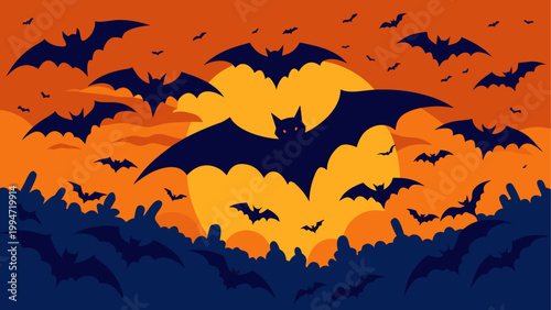 Silhouette of flying bats against a sunset sky