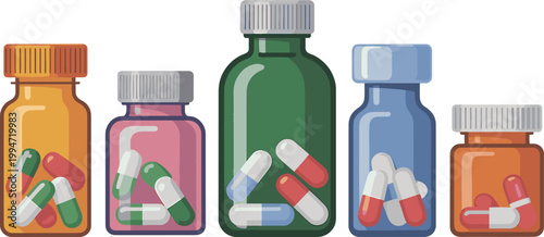 Set of colorful medicine bottles with pills and capsules isolated white background