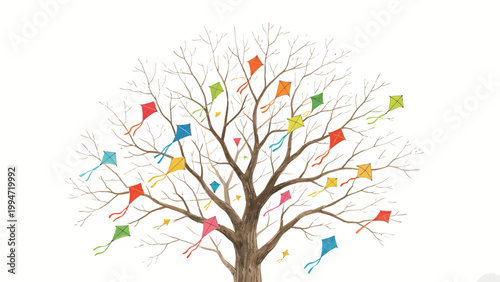 Watercolor Illustration of a Bare Leafless Tree with Colorful Diamond-Shaped Kites Caught in Its Branches Against a Plain White Background