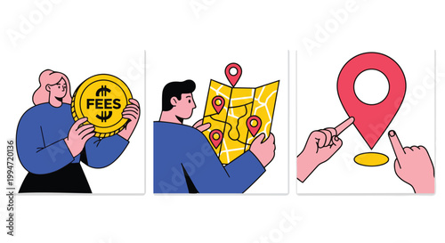 Flat vector illustration set of woman holding fees coin, man with location map, hands pointing to map pin, concept for travel cost planning, financial navigation and location service promotion.