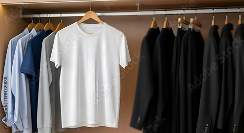 Variety of shirts on hangers organized.