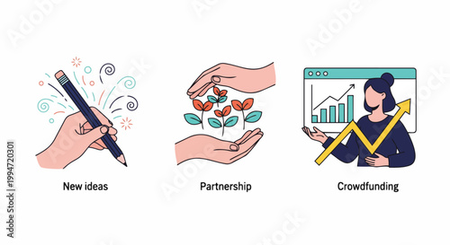 Flat vector set of three business concept icons: new ideas, partnership, crowdfunding on a plain white background, concept for startup strategy, entrepreneurial resources and small business growth.