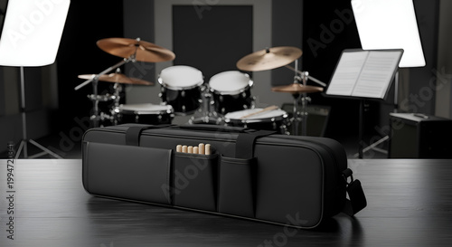 Drum set with black case studio.