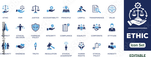 Ethic editable solid icon set. Containing justice, accountability, lawful, value, policy, artificial intelligence, truth, fairness, transparency and more illustration vector icons collection.