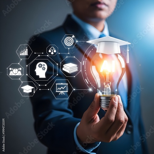 Businessman holding AI light bulb with graduation cap icon, representing artificial intelligence in education, smart learning systems,Education & Technology,  online courses, digital transformation