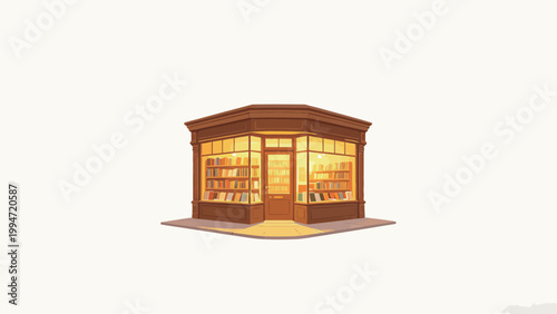 Warm-Lit Corner Bookstore, Minimalist Flat Illustration Against Plain Off-White Background, Cozy Evening Independent Bookshop With Glowing Storefront Windows